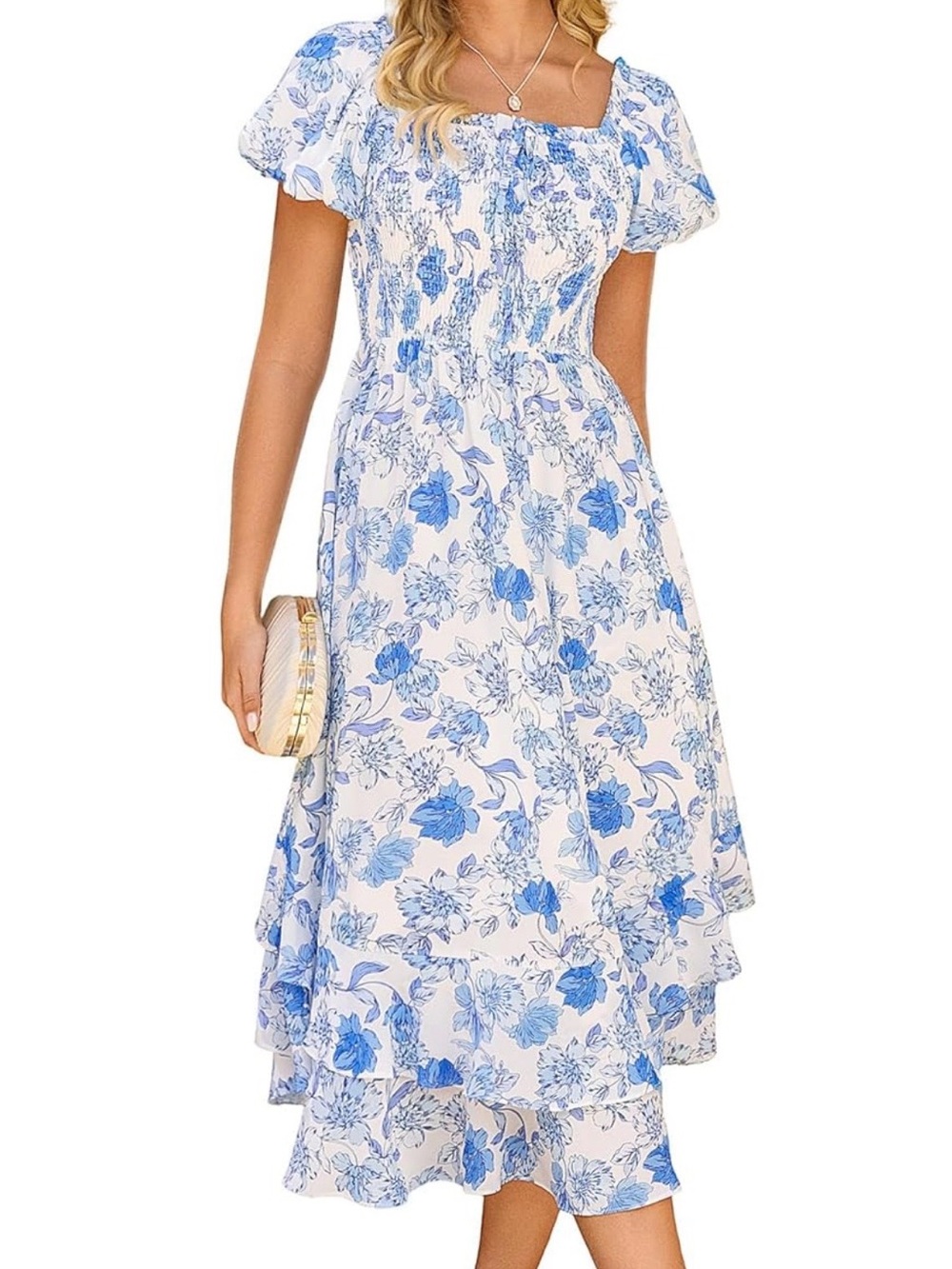 Grace Karin White and Blue Floral Tiered Midi Dress